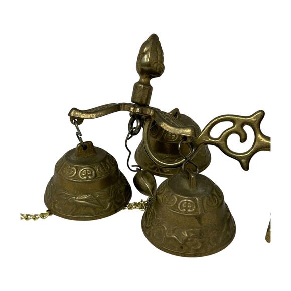 Brass Wall-Mounted Triple Bell Set Ornate Design Chain Pull Vintage Monastery - Picture 10 of 16